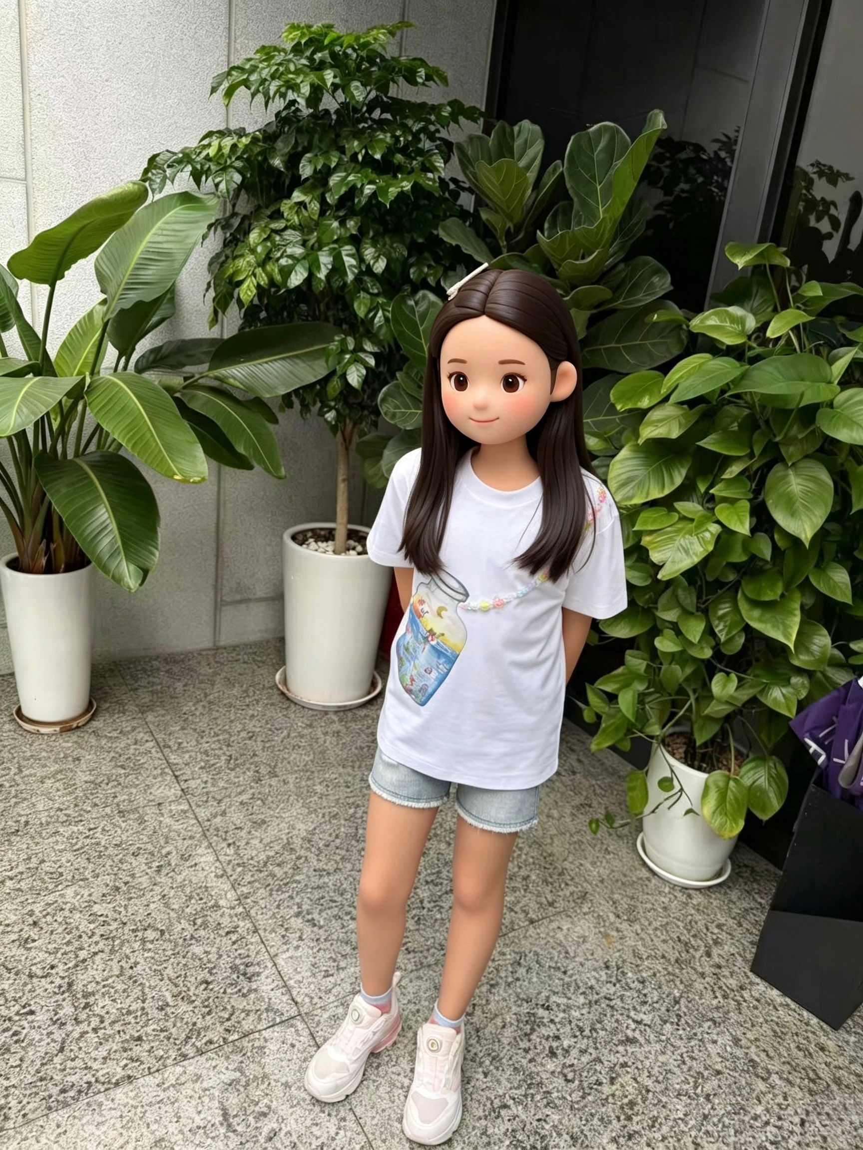 女孩穿著印有海洋瓶子圖案的定制T-shirt